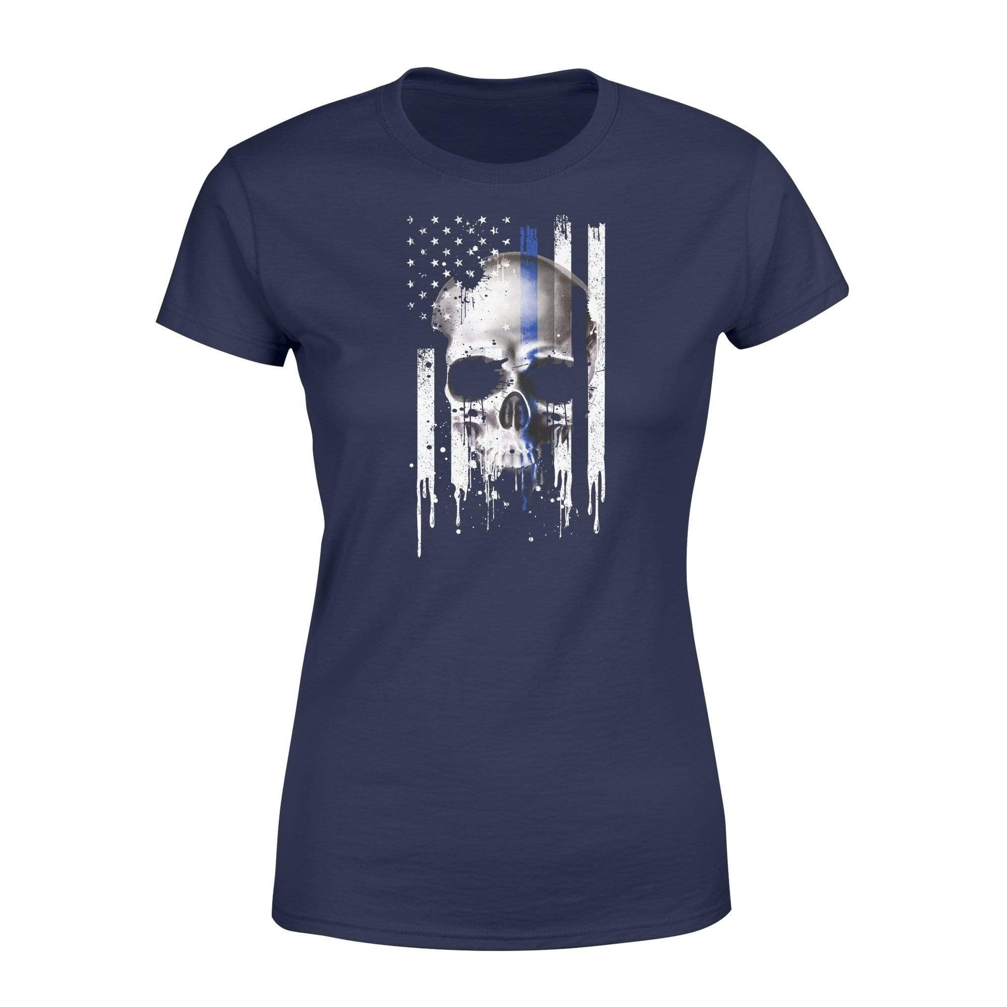 Apparel XS / Navy Color Splash Thin Blue Line Flag Skull Shirt - Standard Women's T-shirt