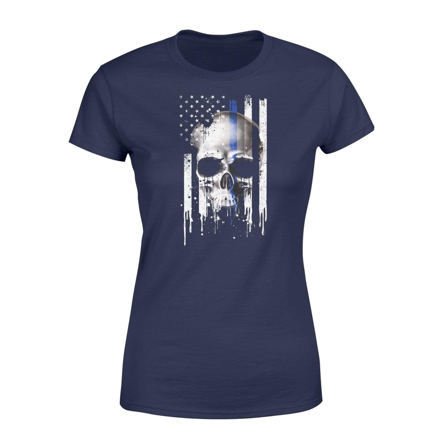 Apparel XS / Navy Color Splash Thin Blue Line Flag Skull Shirt - Standard Women's T-shirt