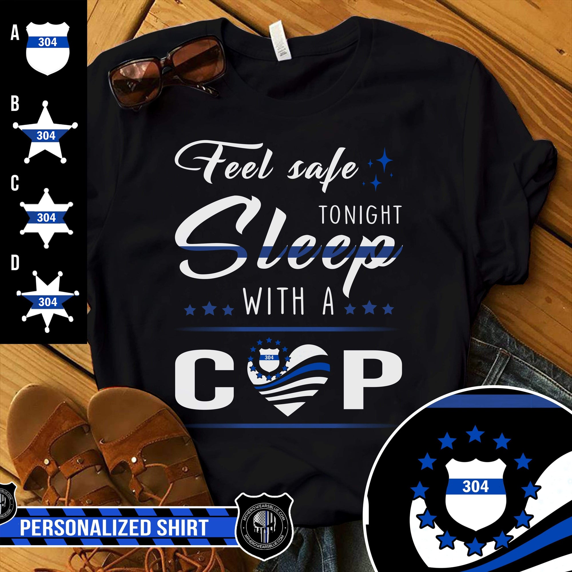 Apparel XS / Black Personalized Shirt - Feel Safe - Sleep With A Cop - Galaxy Flag Heart - Standard Women's T-shirt