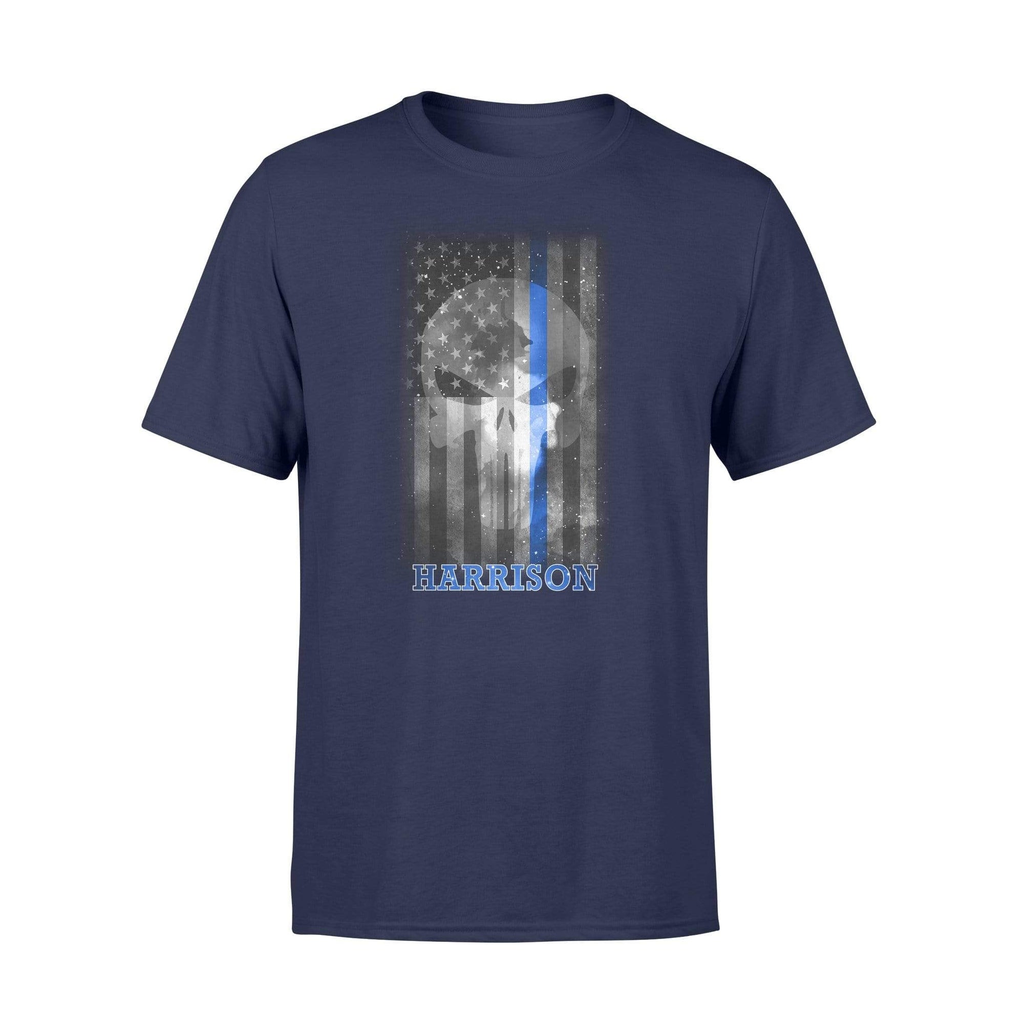 Apparel S / Navy Personalized Shirt - Galaxy Skull Thin Blue Line Flag - Standard T-shirt