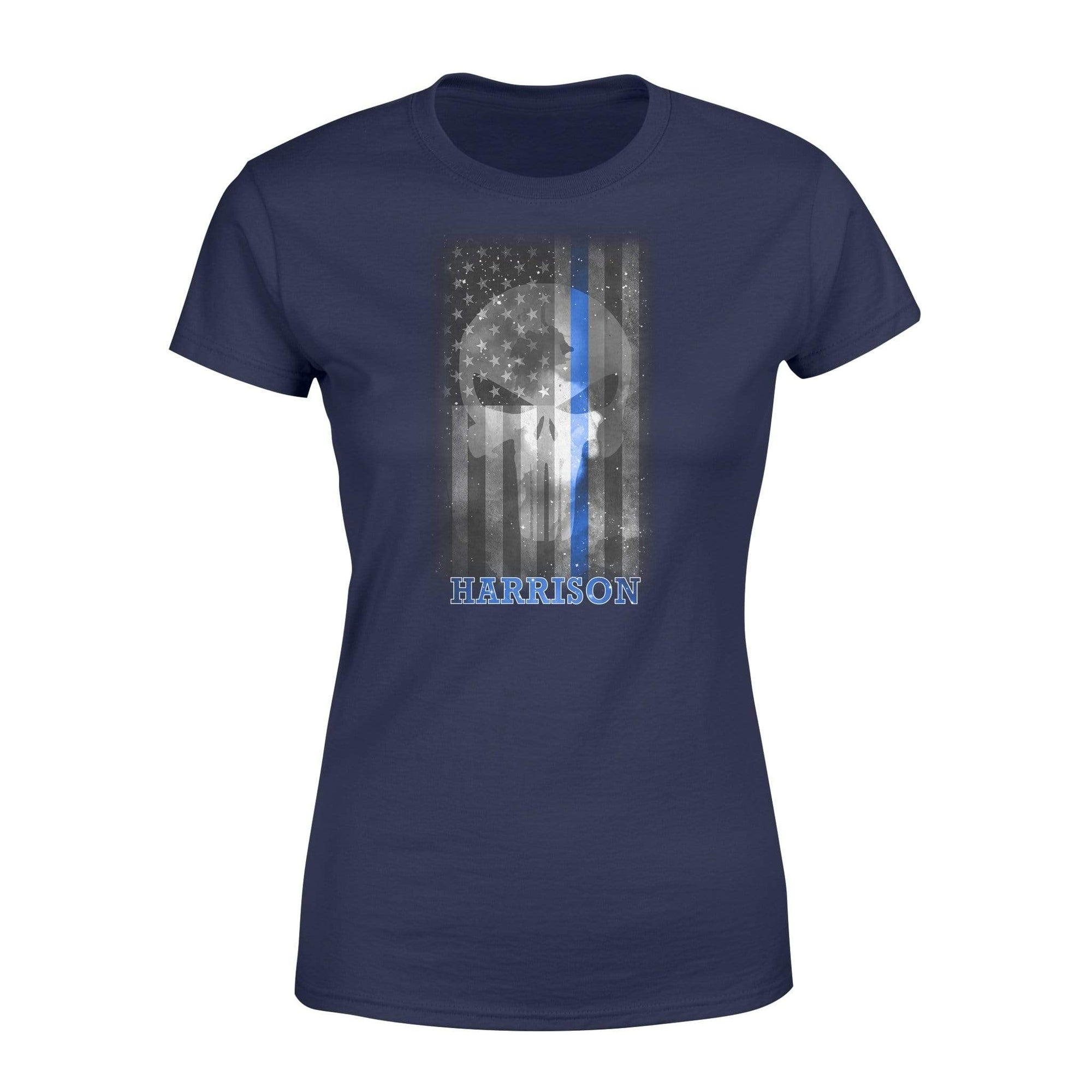 Apparel XS / Navy Personalized Shirt - Galaxy Skull Thin Blue Line Flag - Standard Women's T-shirt