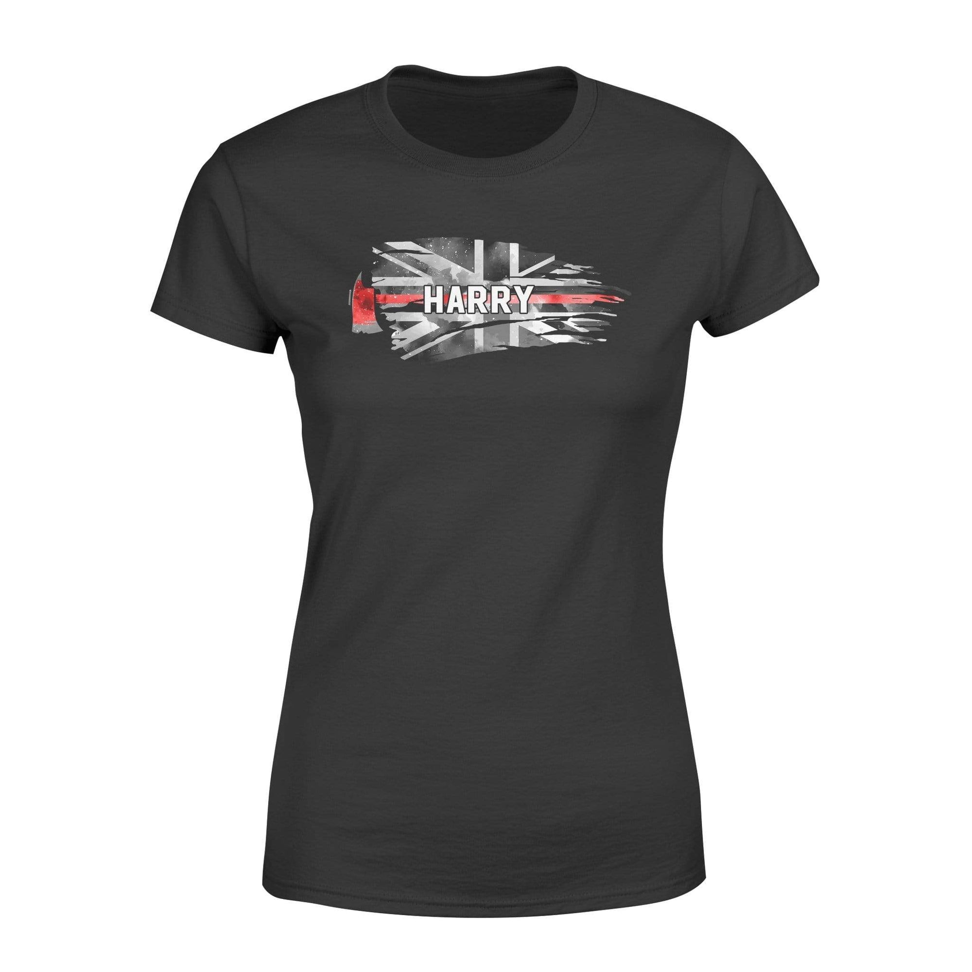 Apparel XS / Black Personalized Shirt - Horizontal UK Thin Red Line Distressed Flag - Firefighter Axe Shirt - Standard Women's T-shirt
