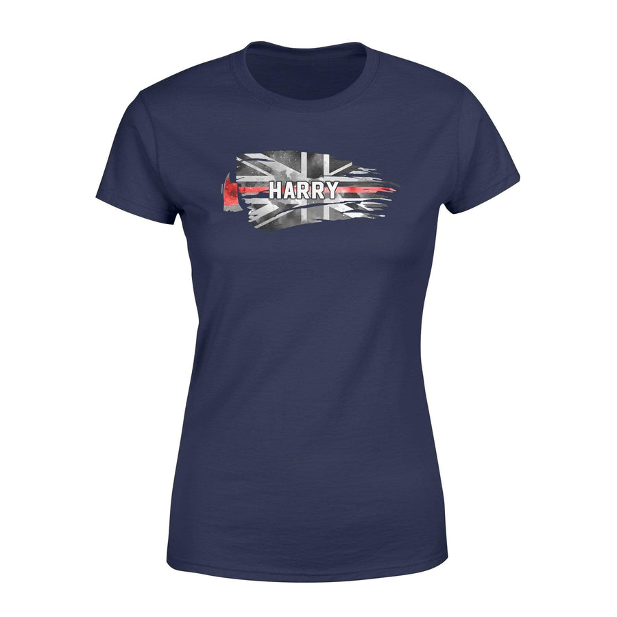 Apparel XS / Navy Personalized Shirt - Horizontal UK Thin Red Line Distressed Flag - Firefighter Axe Shirt - Standard Women's T-shirt