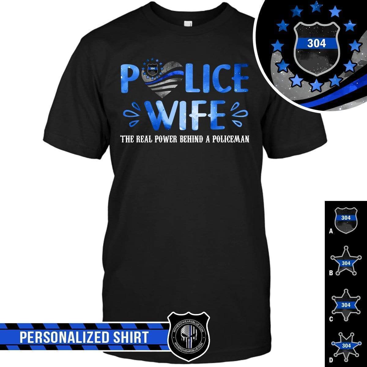 Apparel S / Black Personalized Shirt - Police Wife - Real Powel - Galaxy Flag Heart - DSAPP