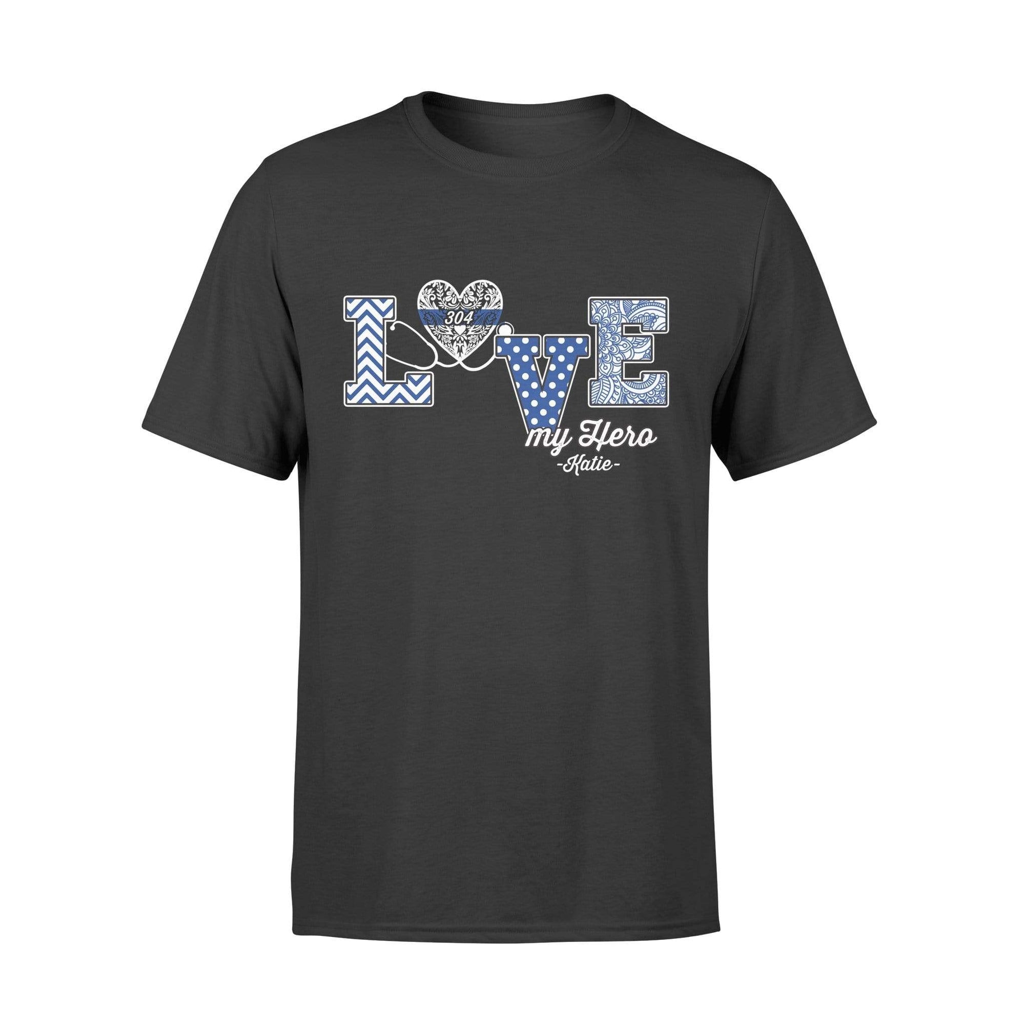Apparel S / Black Personalized Shirt - Police x Nurse - Love My Hero - Pattern Heart Stethoscope - Standard T-shirt