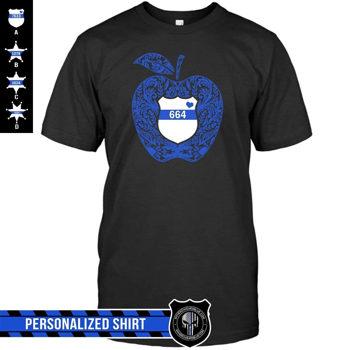 Apparel S / Black Personalized Shirt - Police x Teacher - Pattern Apple - Police Badge - Standard T-shirt