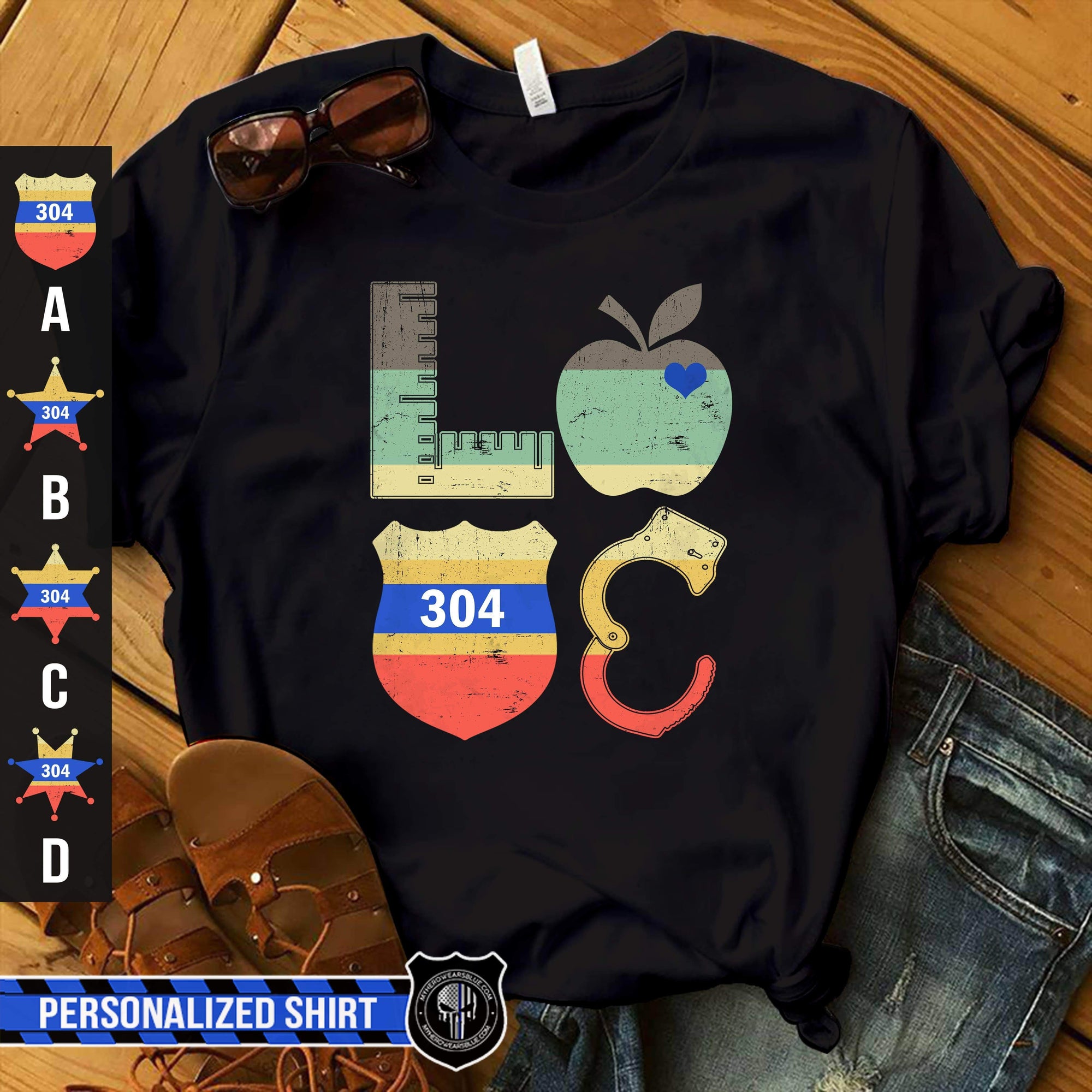 Apparel XS / Black Personalized Shirt - Stacked Love Vintage Graphic - Teacher x Police - Standard Women's T-shirt