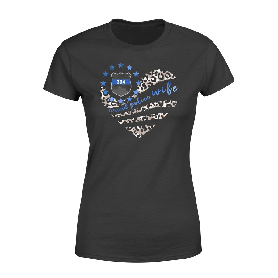 Apparel XS / Black Personalized Shirt - TBL - Leopard Pattern Flag Heart - Proud Police Wife - Standard Women's T-shirt- DSAPP