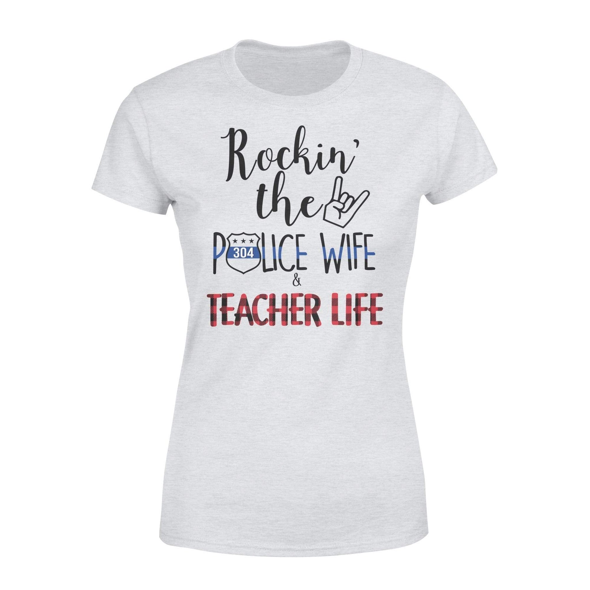 Rockin The Teacher And Police Wife Life Checkered Pattern Personalized Women T-Shirt