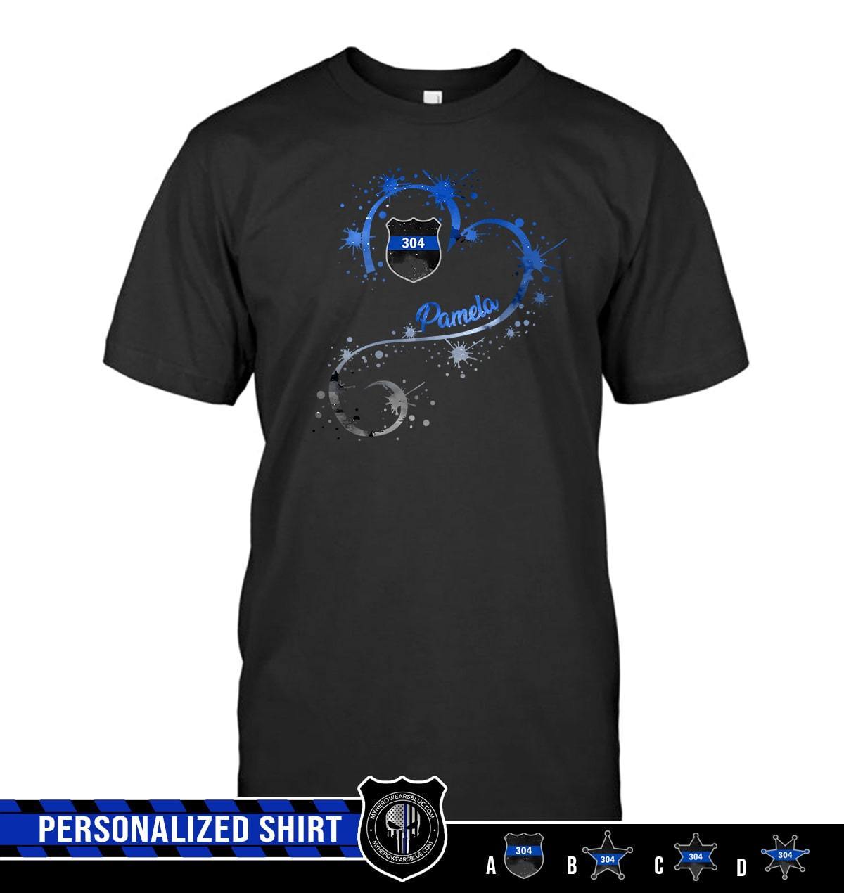 Apparel S / Black Personalized Shirt - Thin Blue Line - Color Drop Heart - Police Badge - Standard T-shirt