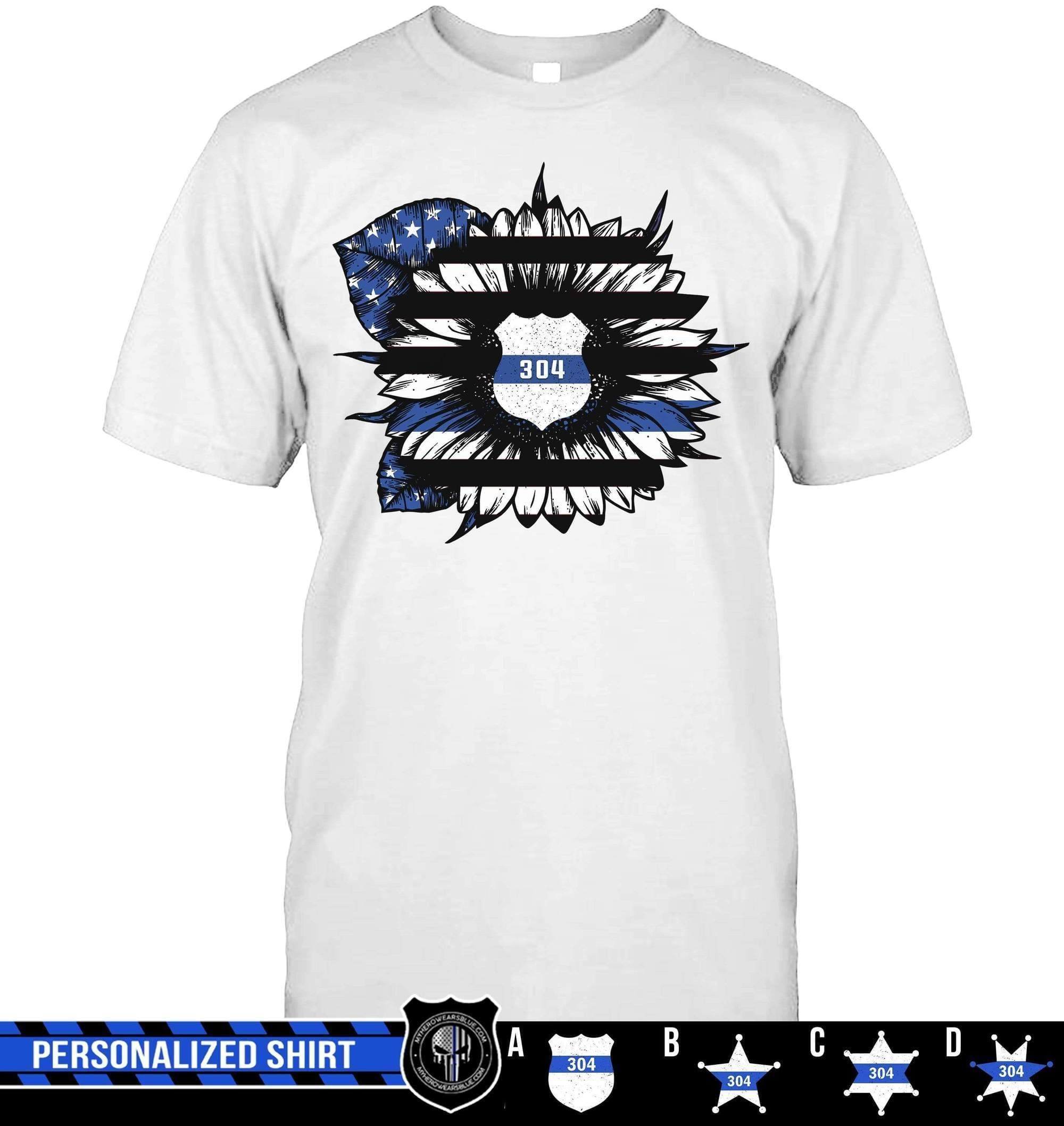Apparel S / White Personalized Shirt - Thin Blue Line Flag Pattern Sunflower - Police Badge - DSAPP