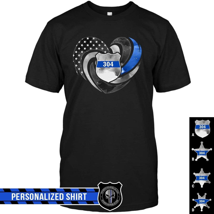 Apparel S / Black Personalized Shirt - Thin Blue Line - Galaxy Hurricane Heart - Standard T-shirt