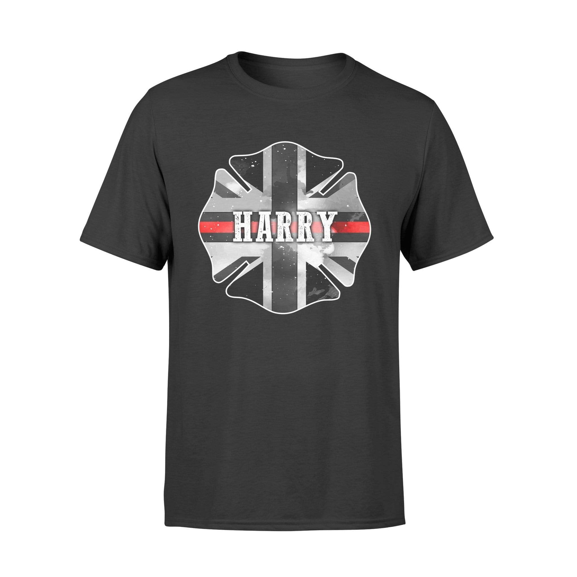 Apparel S / Black Personalized Shirt - UK Thin Red Line Flag Inside Firefighter Emblem - Standard T-shirt