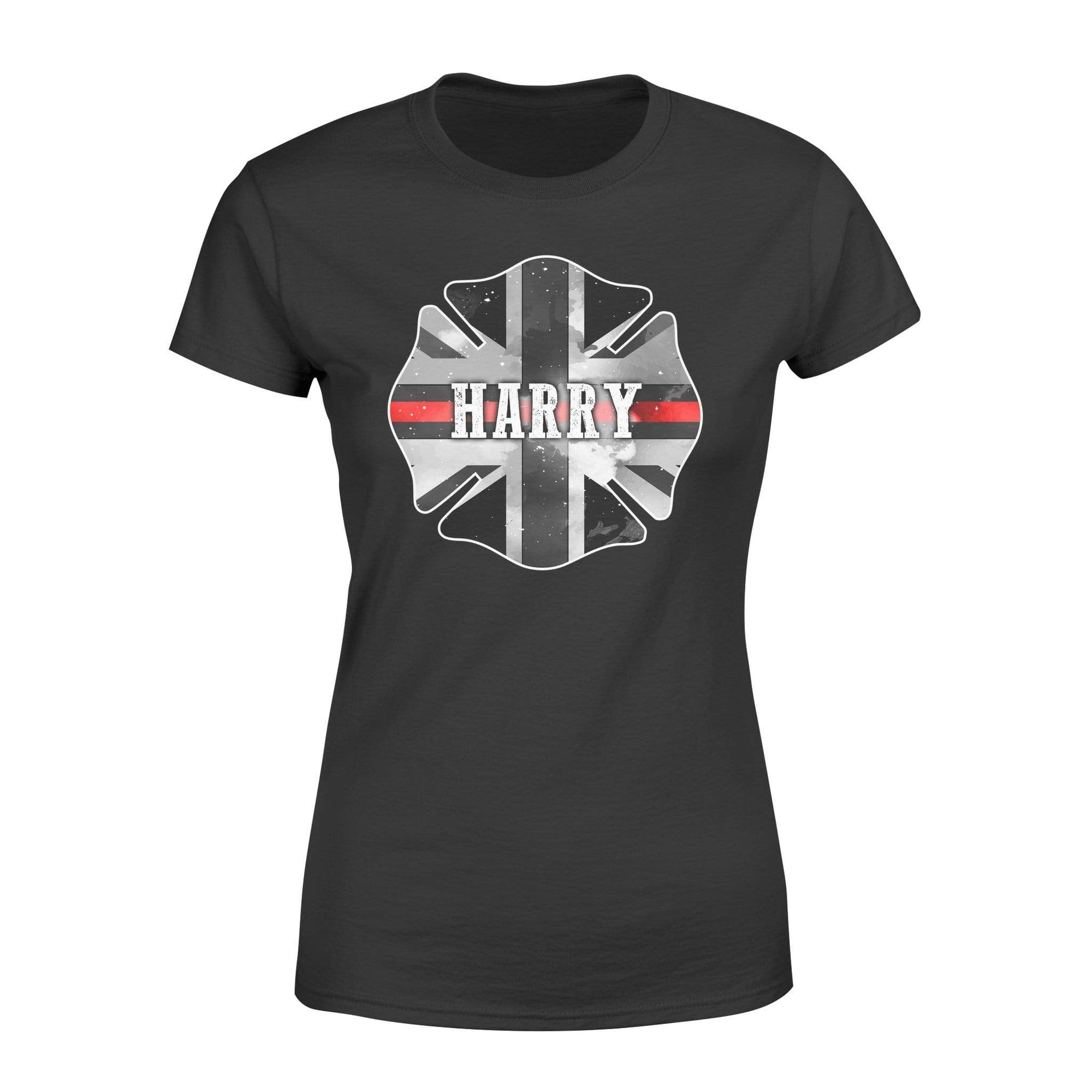 Apparel XS / Black Personalized Shirt - UK Thin Red Line Flag Inside Firefighter Emblem - Standard Women's T-shirt