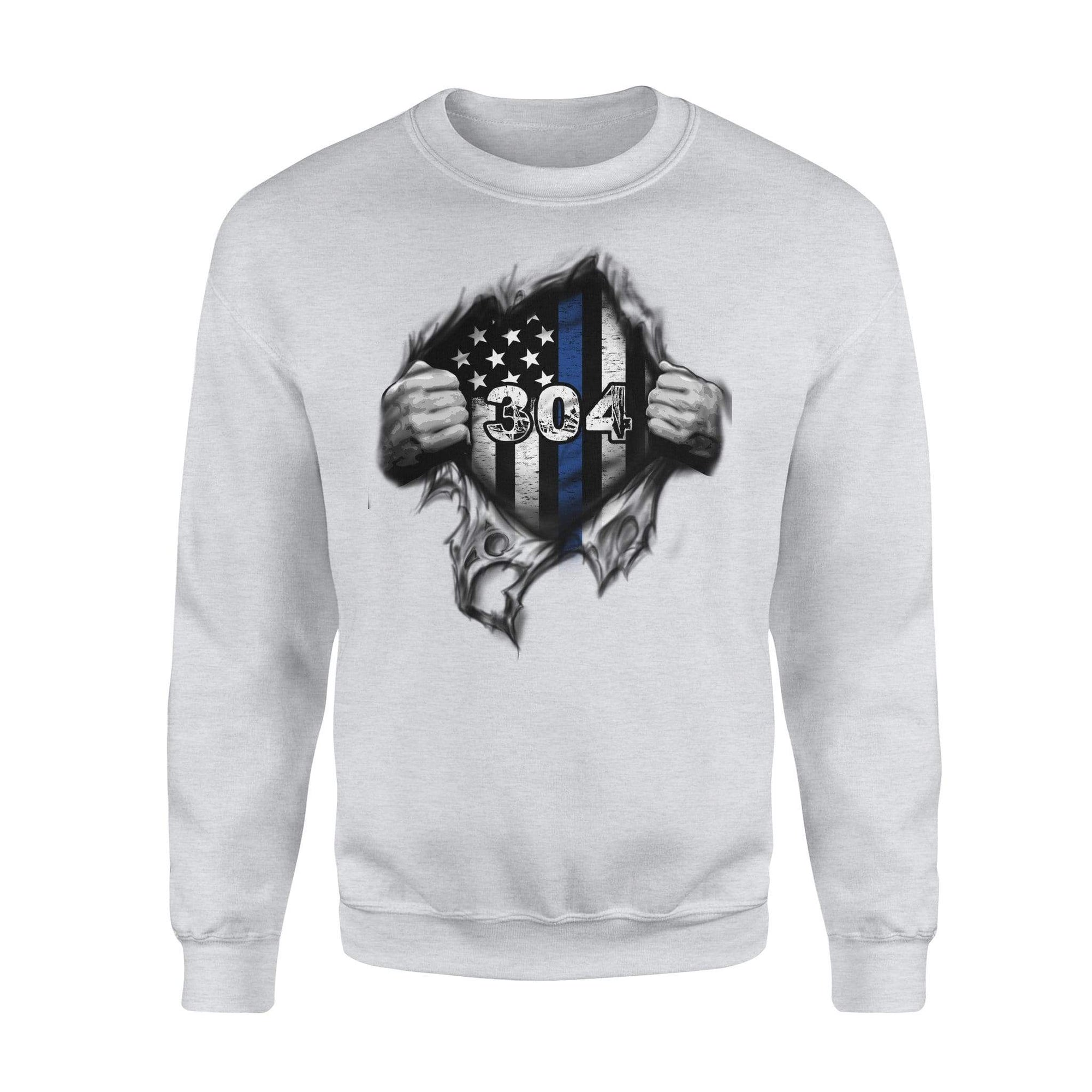 Apparel S / Heather Grey Personalized Sweater - Tearing - Thin Blue Line Flag - Standard Fleece Sweatshirt - DSAPP