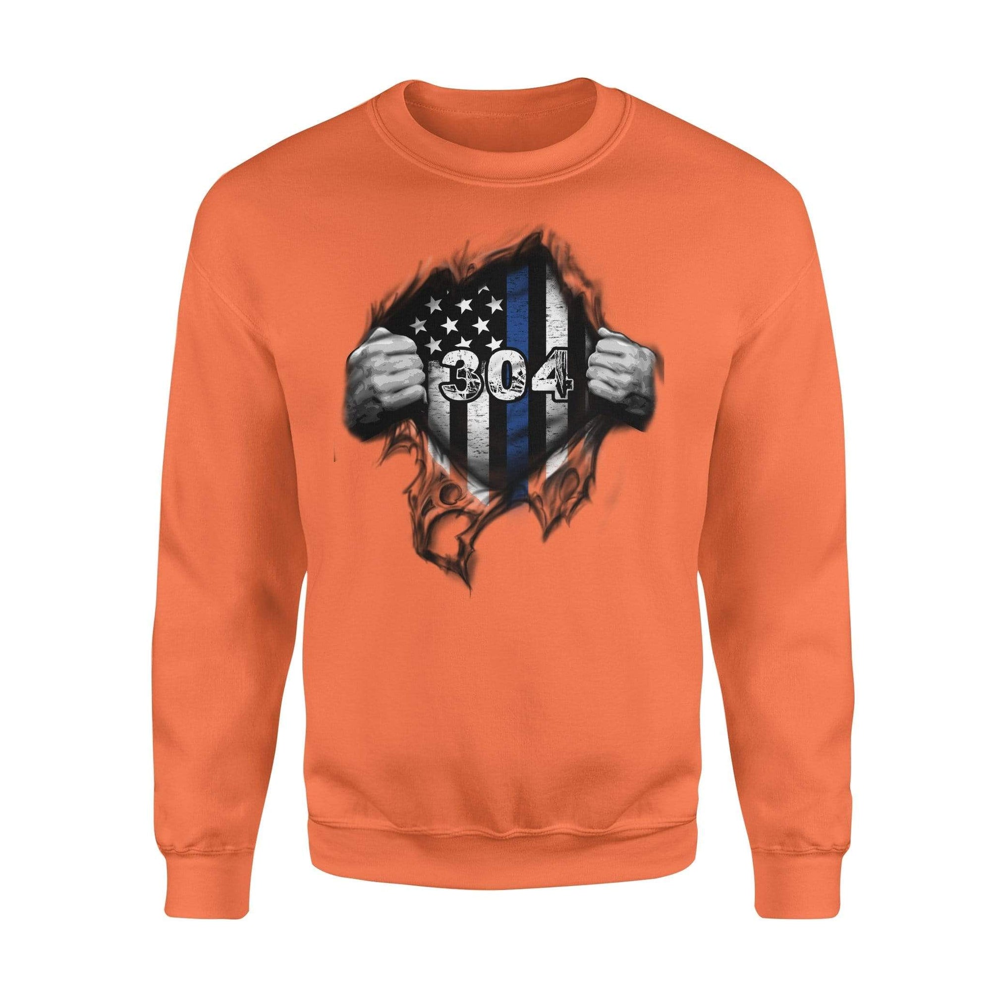 Apparel S / Orange Personalized Sweater - Tearing - Thin Blue Line Flag - Standard Fleece Sweatshirt - DSAPP