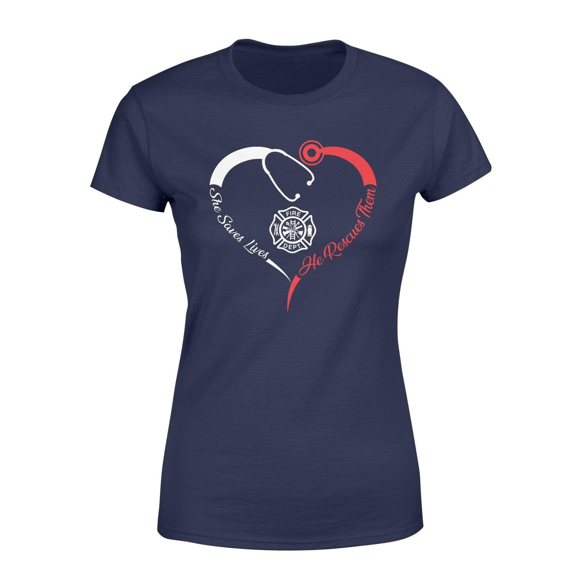 Apparel XS / Navy TRL - Nurse - She Saves Lives He Rescues Them Shirt - Standard Women's T-shirt - DSAPP