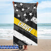 Bath Towel 32" x 64" Personalized Beach Towel - Thin Gold Line Flag - Badge Number And Name