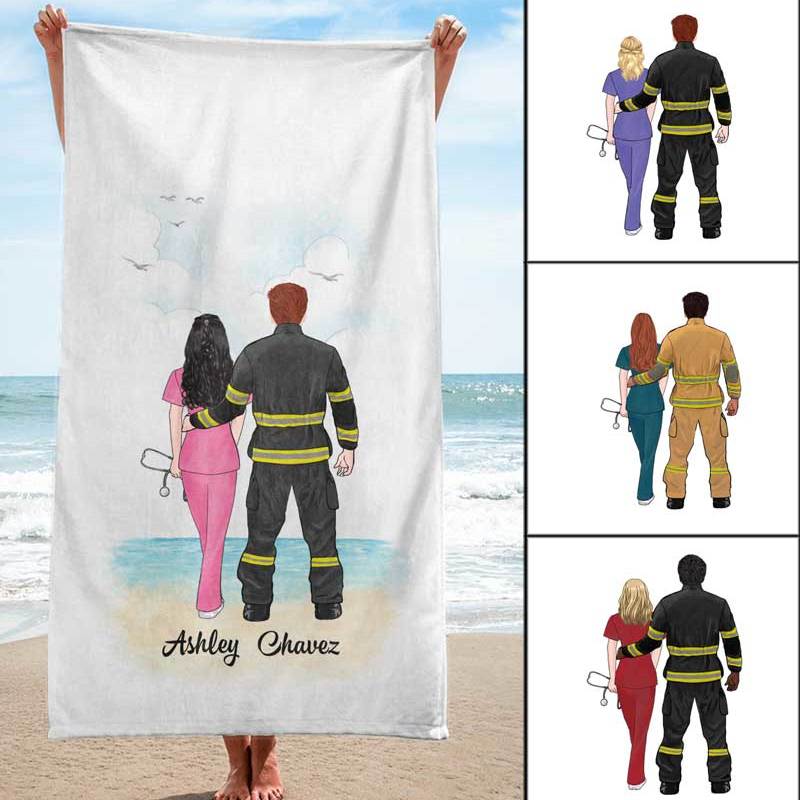 Firefighter And Nurse Love Personalized Beach Towel