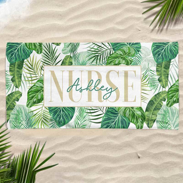 Nurse Tropical Leaves Personalized Beach Towel My Hero Wears Blue