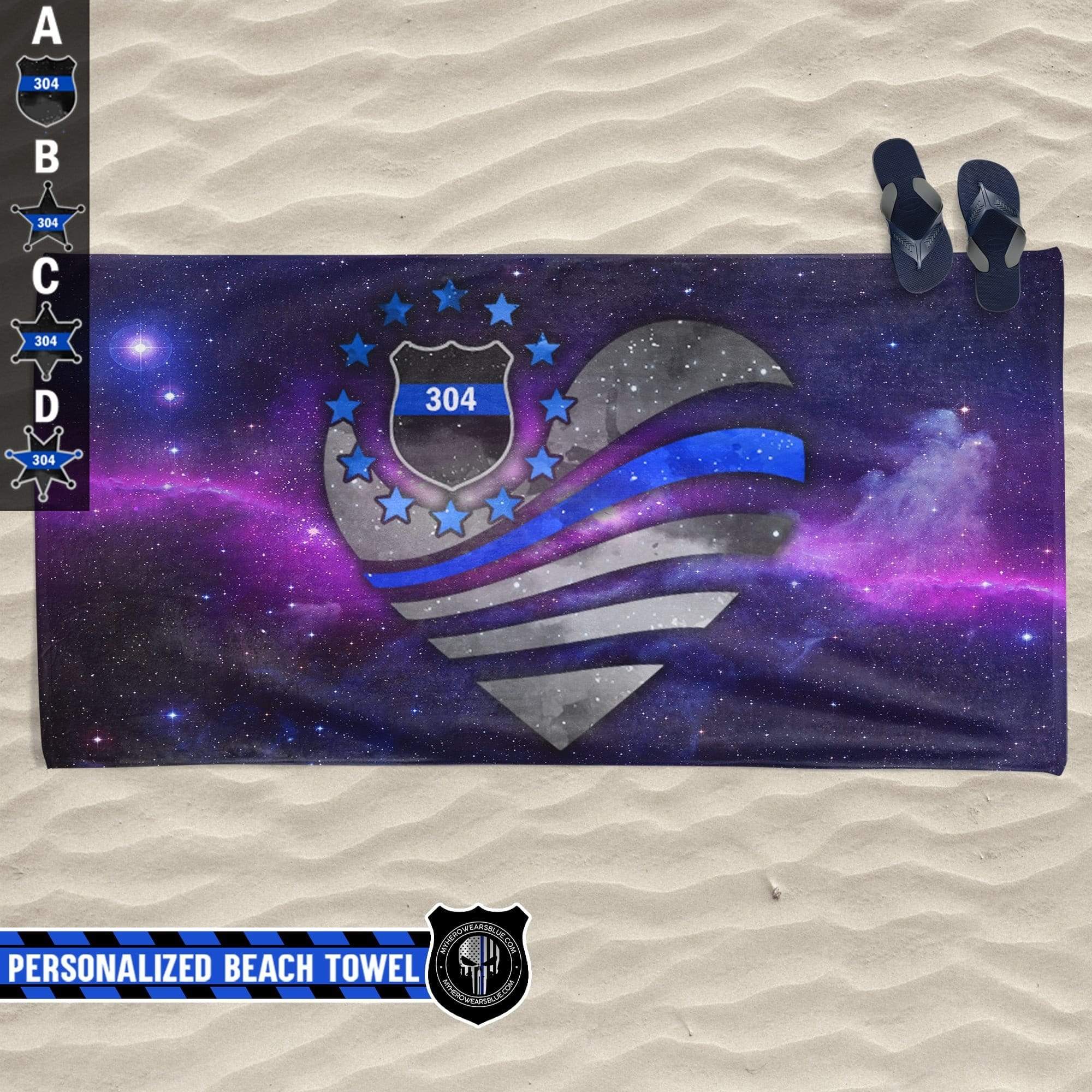 Beach Towel 37" x 74" Personalized Beach Towel - Galaxy Flag Heart - Police