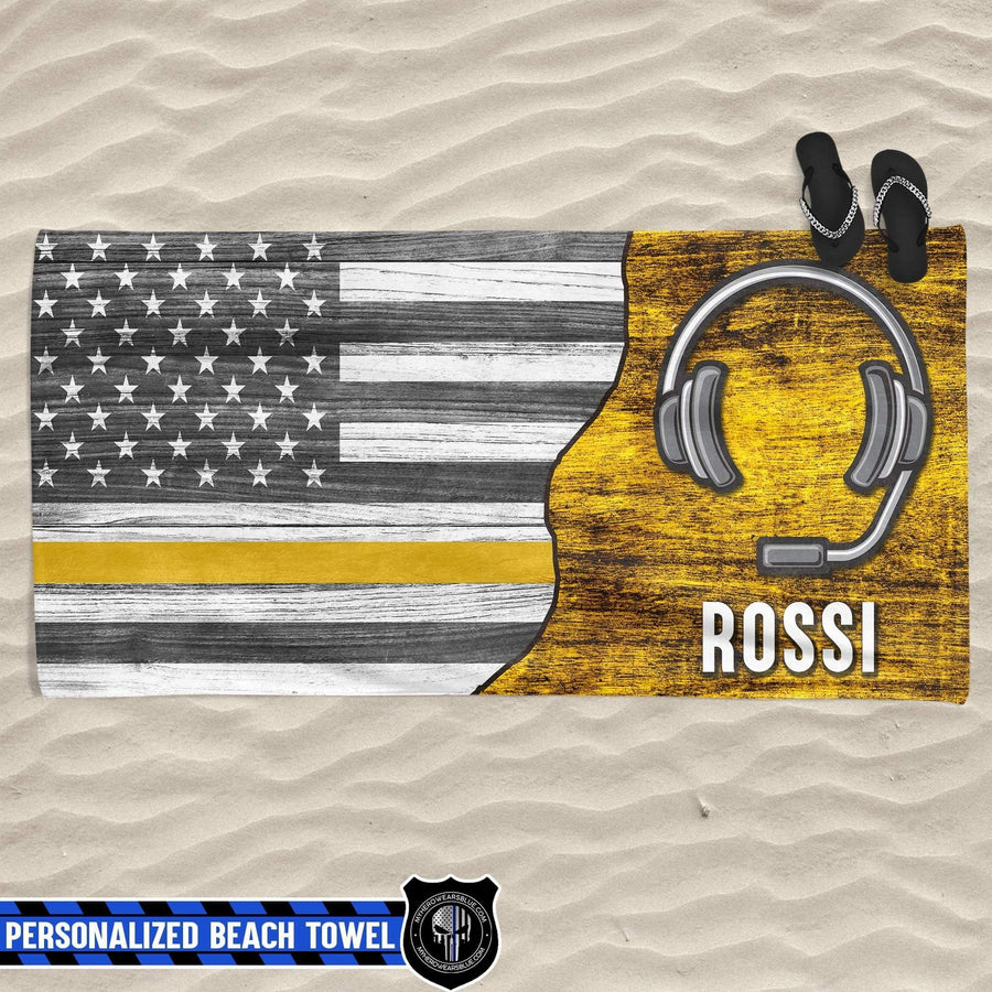 Beach Towel 37" x 74" Personalized Beach Towel - Half Thin Gold Line Flag - Dispatcher Headset