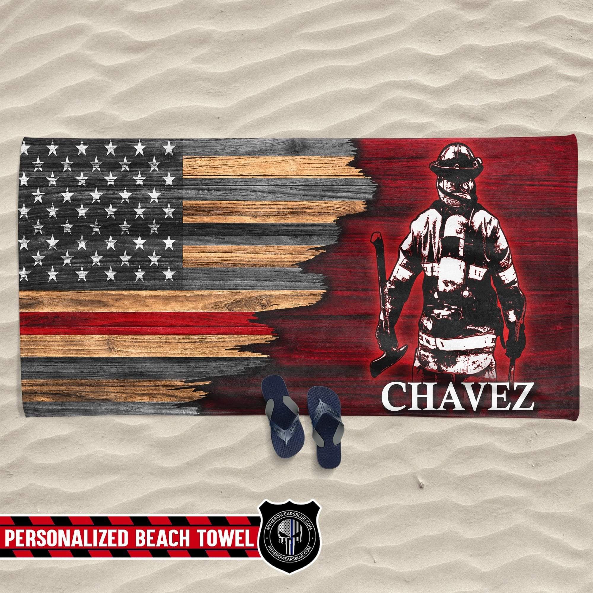 Beach Towel 37" x 74" Personalized Beach Towel - Half Thin Red Line Bunker Gear