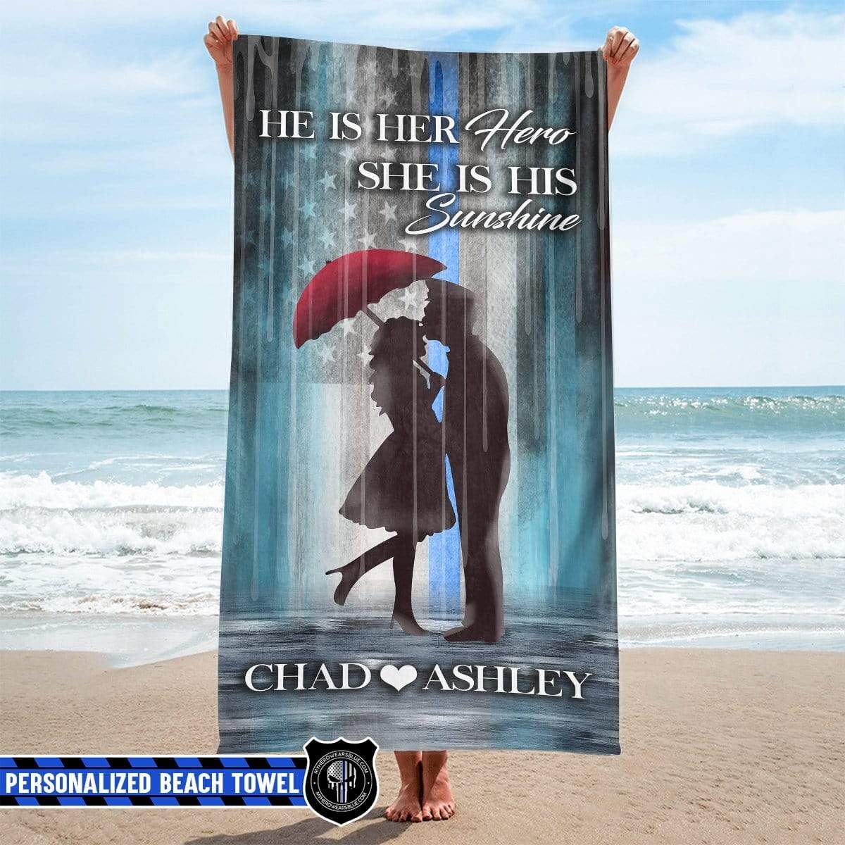 Beach Towel 37" x 74" Personalized Beach Towel - Husband And Wife - Her Hero His Sunshine
