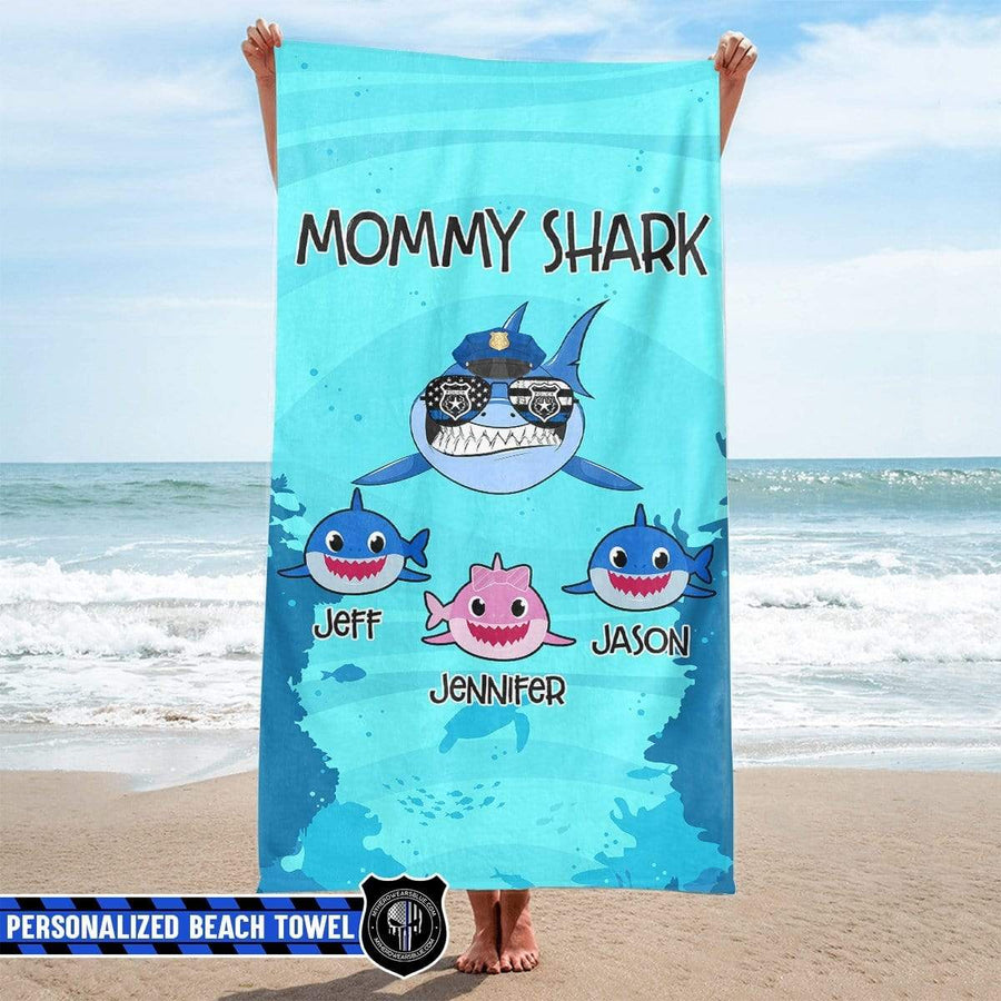 Beach Towel 37" x 74" Personalized Beach Towel - Mommy Shark Police Hat