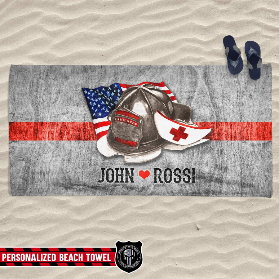 Beach Towel 37" x 74" Personalized Beach Towel - Nurse And Firefighter Hats