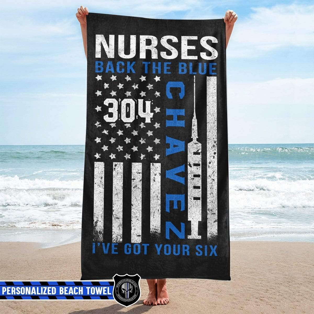 Beach Towel 37" x 74" Personalized Beach Towel - Nurse - Back The Blue - Nurse Flag
