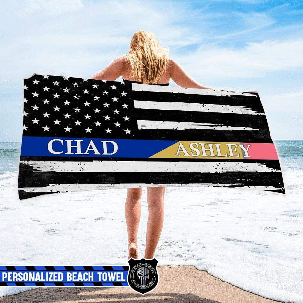 Beach Towel 37" x 74" Personalized Beach Towel - Police x Teacher Flag