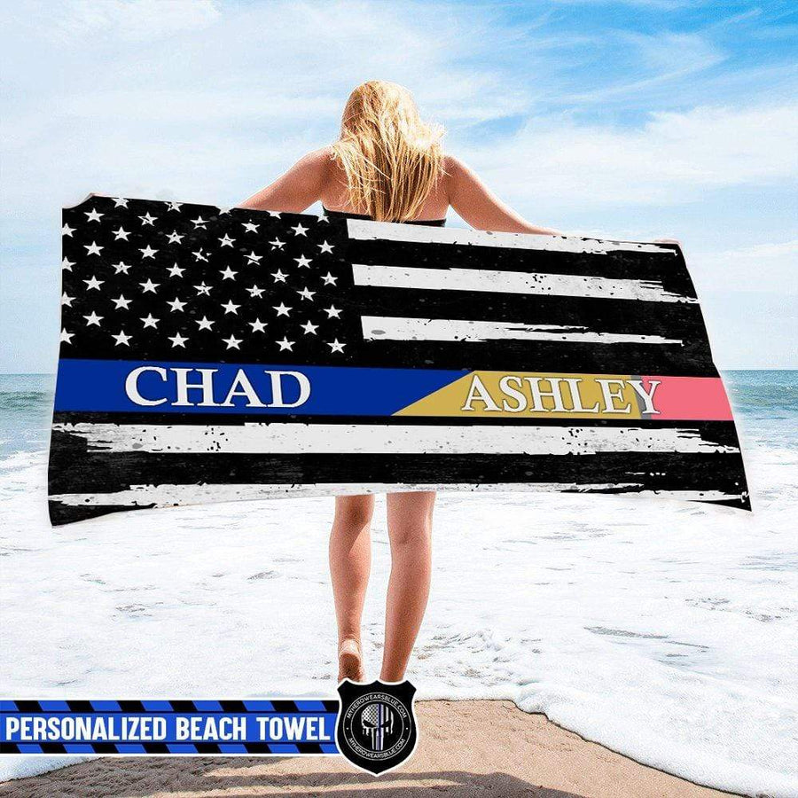 Beach Towel 37" x 74" Personalized Beach Towel - Police x Teacher Flag