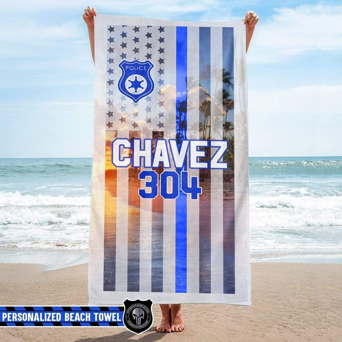 Beach Towel 37" x 74" Personalized Beach Towel - Scenery Name And Badge Number