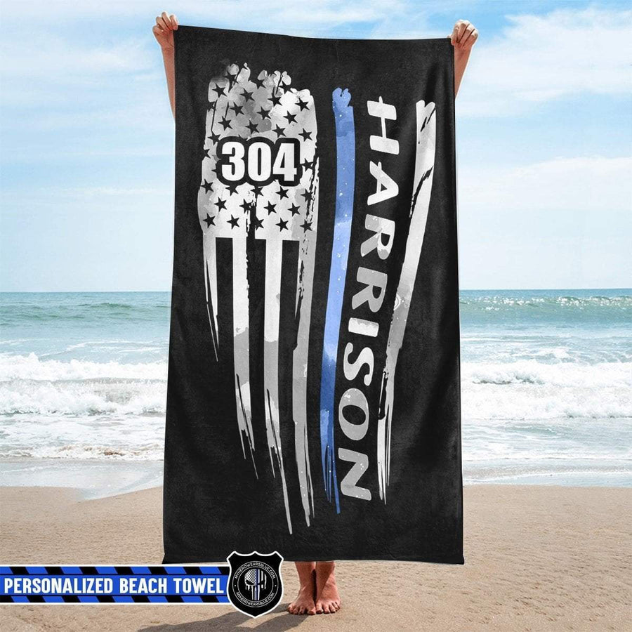 Beach Towel 37" x 74" Personalized Beach Towel - Thin Blue Line - Distressed Flag