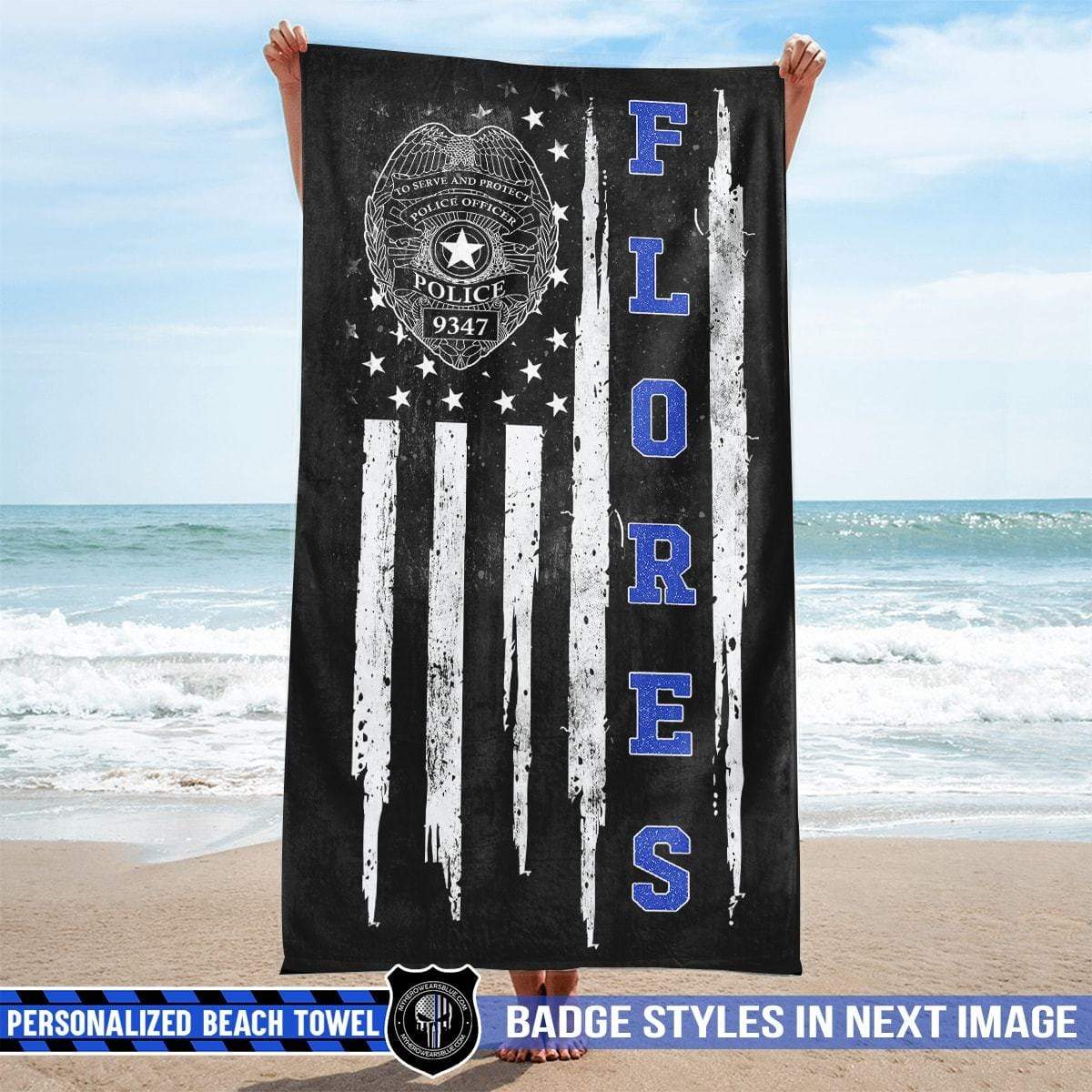 Beach Towel 37" x 74" Personalized Beach Towel - Thin Blue Line Police Name