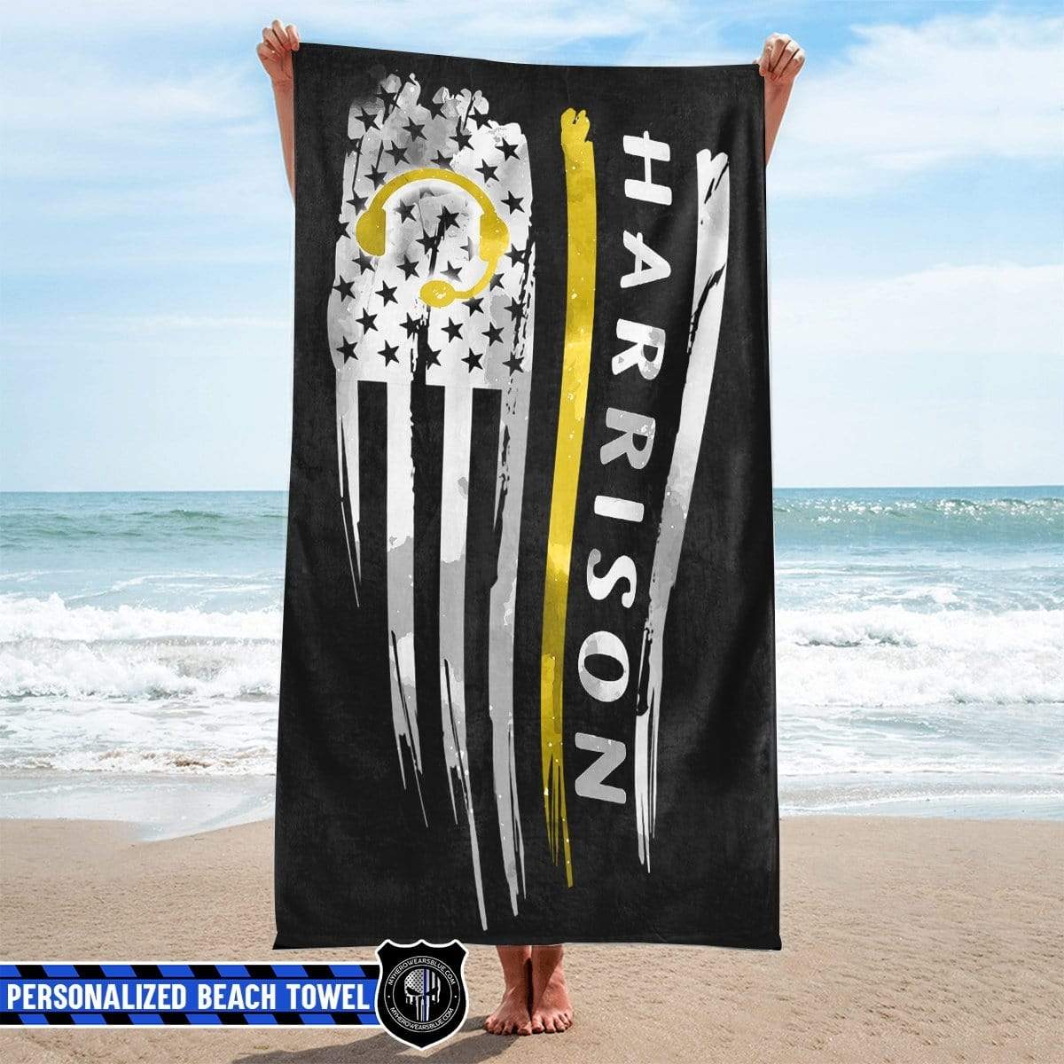 Beach Towel 37" x 74" Personalized Beach Towel - Thin Gold Line - Distressed Flag