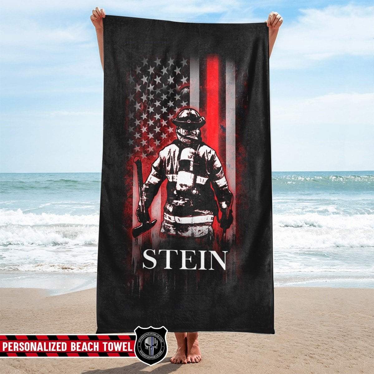 Beach Towel 37" x 74" Personalized Beach Towel - Thin Red Line Bunker Gear