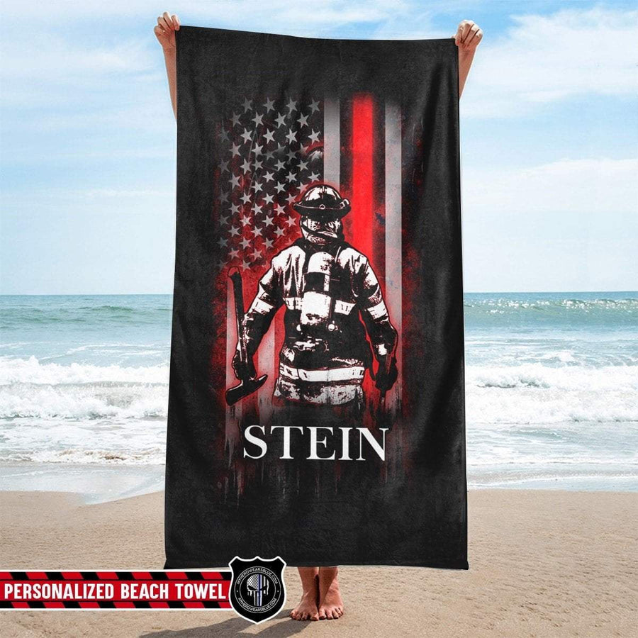 Beach Towel 37" x 74" Personalized Beach Towel - Thin Red Line Bunker Gear