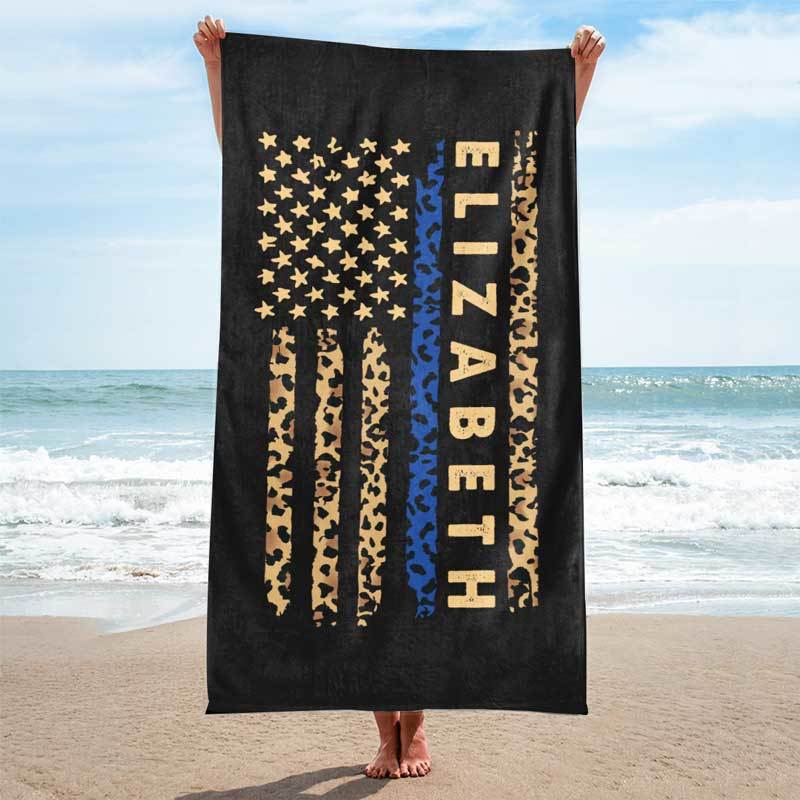 Thin Blue Line Leopard Flag Personalized Beach Towel