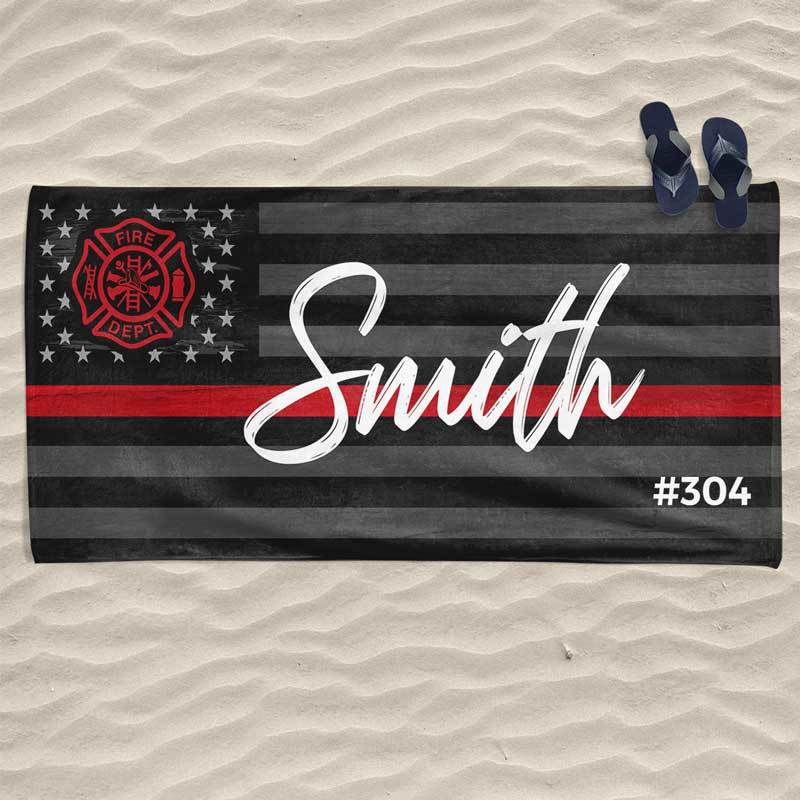 Thin Red Line Name And Number Firefighter Personalized Beach Towel