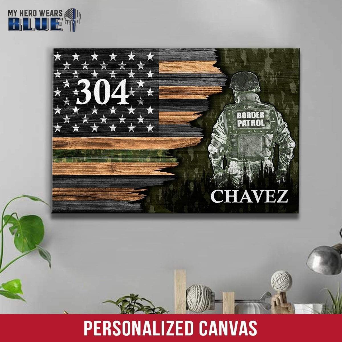 Canvas Prints 12" x 8" / 0.75" Border Patrol Uniform - Half Flag Thin Blue Line Canvas Print