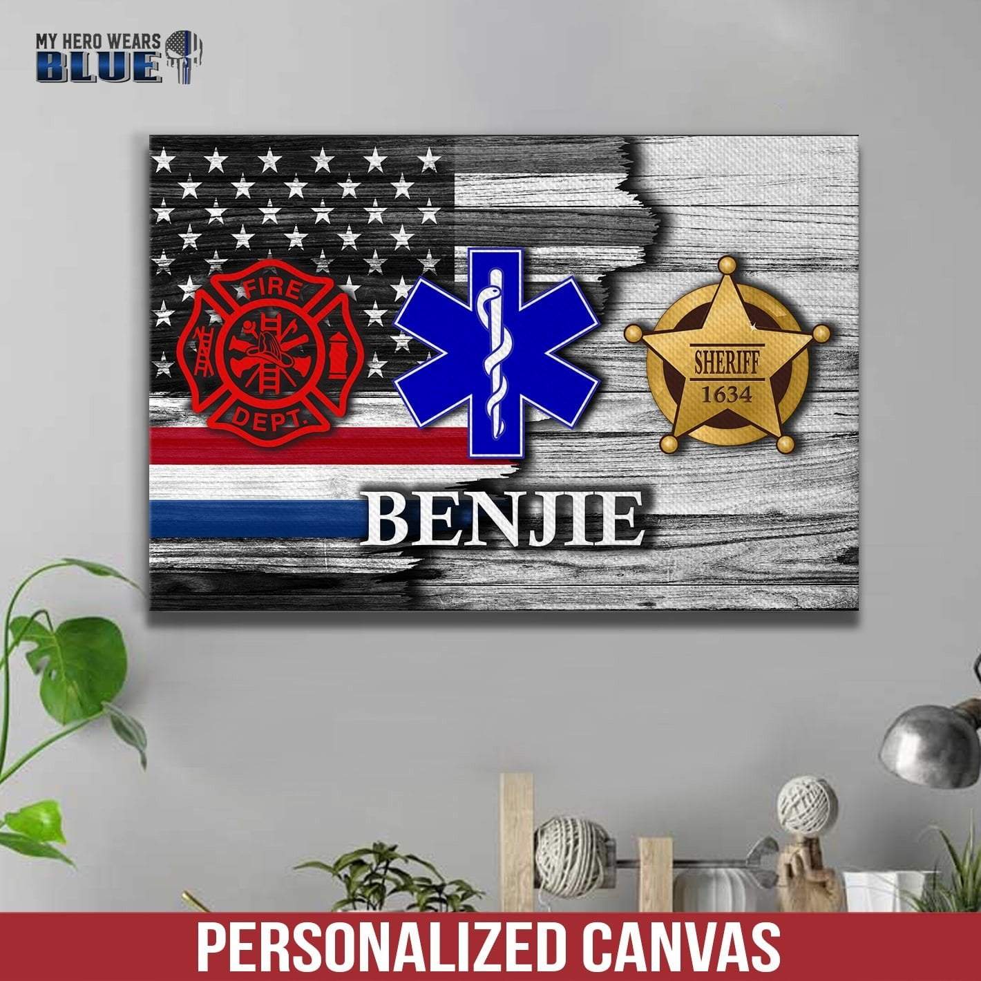 Canvas Prints 12" x 8" Canvas - Half Flag - Public Safety x Firefighter x EMT
