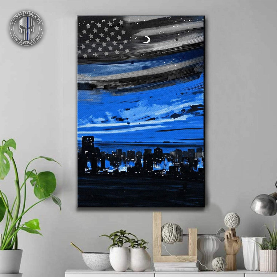 Canvas Prints 8" x 12" City At Night Thin Blue Line Flag