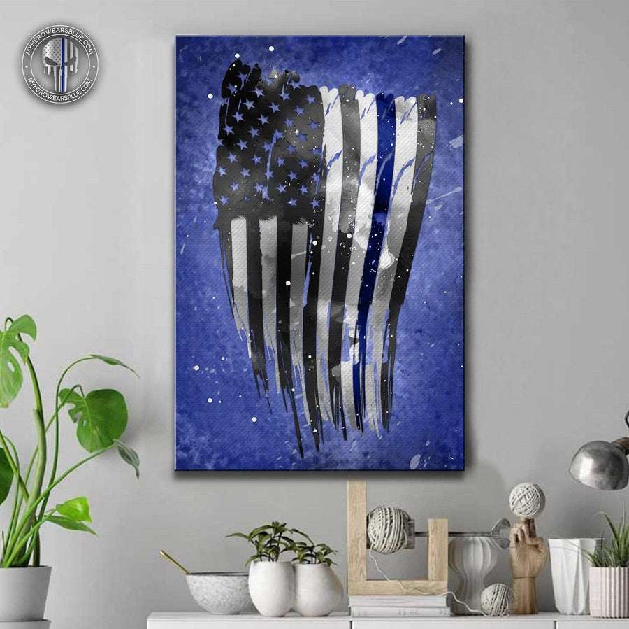 Canvas Prints 16" x 24" - BEST SELLER Galaxy Distressed Thin Blue Line Flag