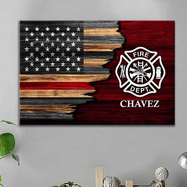 Half Flag - Firefighter Emblem Thin Red Line Personalized Firefighter Canvas Print