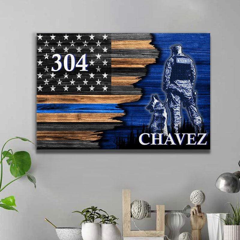 Canvas Prints 24" x 16" - BEST SELLER / 0.75" Half Flag K9 Unit Officer Thin Blue Line Canvas Print