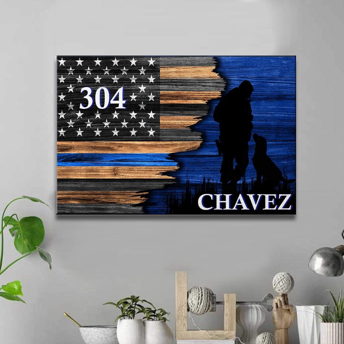 Police Officer Vs K9 Unit Unit - Lab - Thin Blue Line Canvas Print - Half Flag