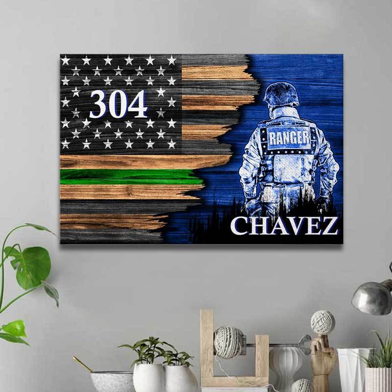 Ranger Suit - Green Line Personalized Canvas Print - Half Flag