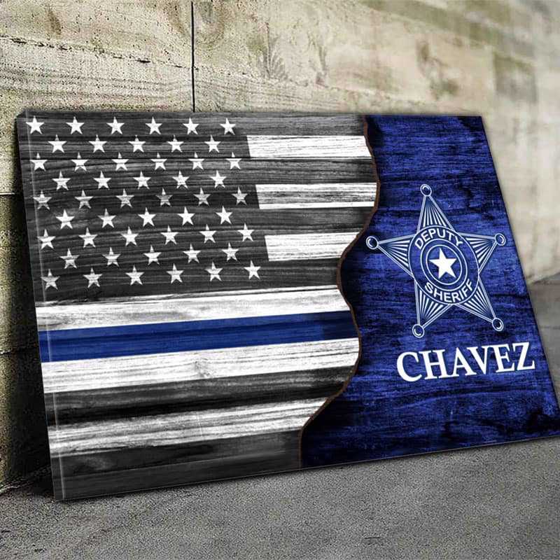 Personalized Canvas  American Flag With Thin Blue Line